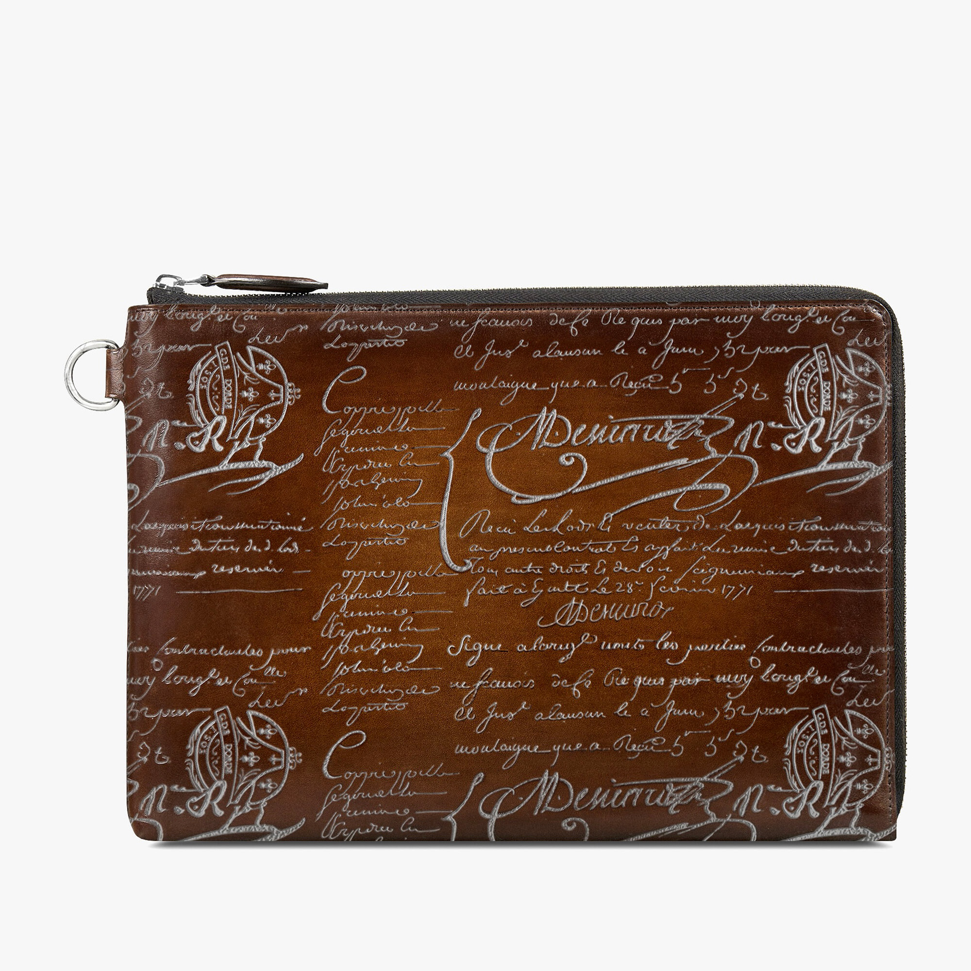 Nino GM Scritto Leather Clutch, CACAO INTENSO + SILVER, hi-res