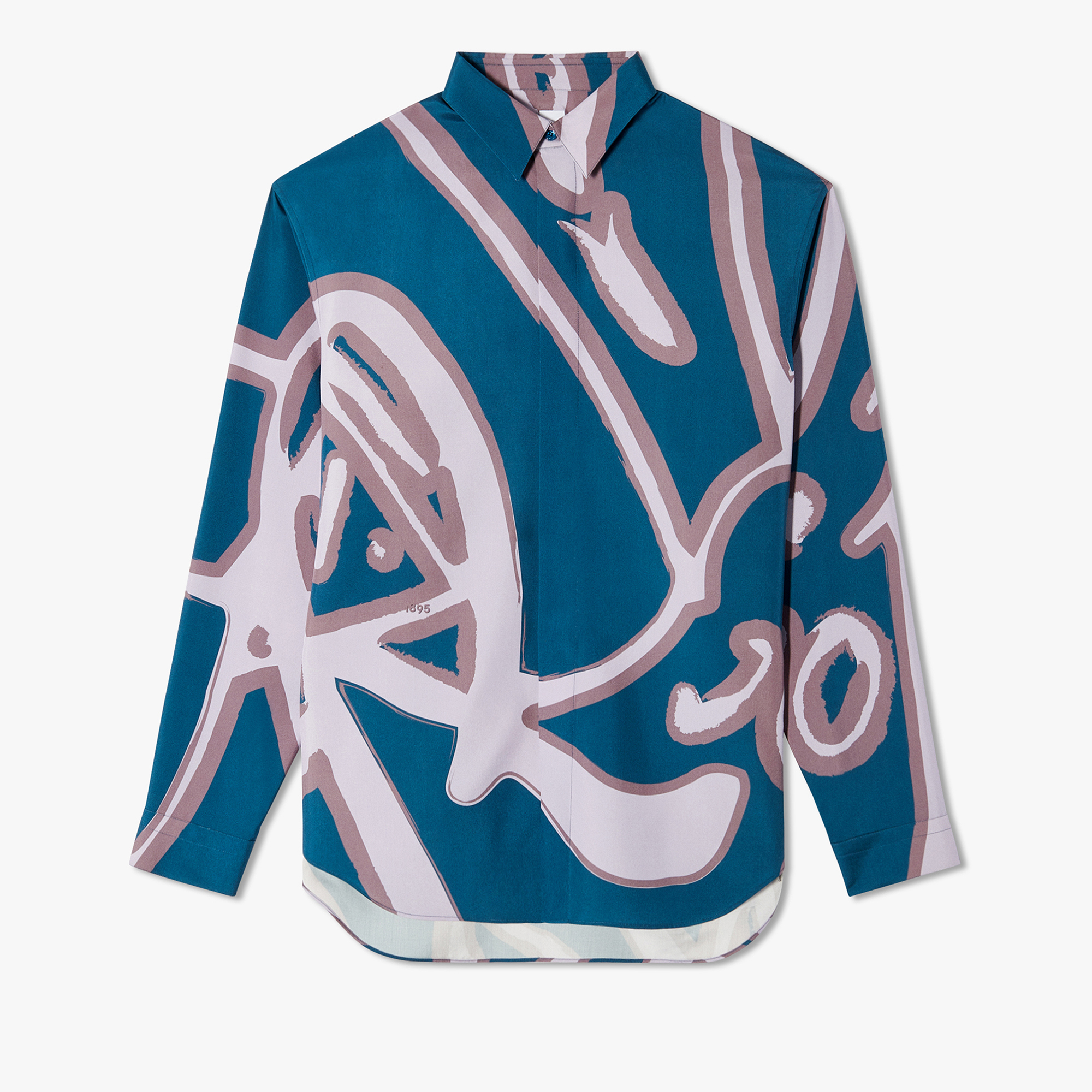 Silk Shirt With Giant Scritto Print, PRUSSIAN BLUE / PURPLISH GREY, hi-res