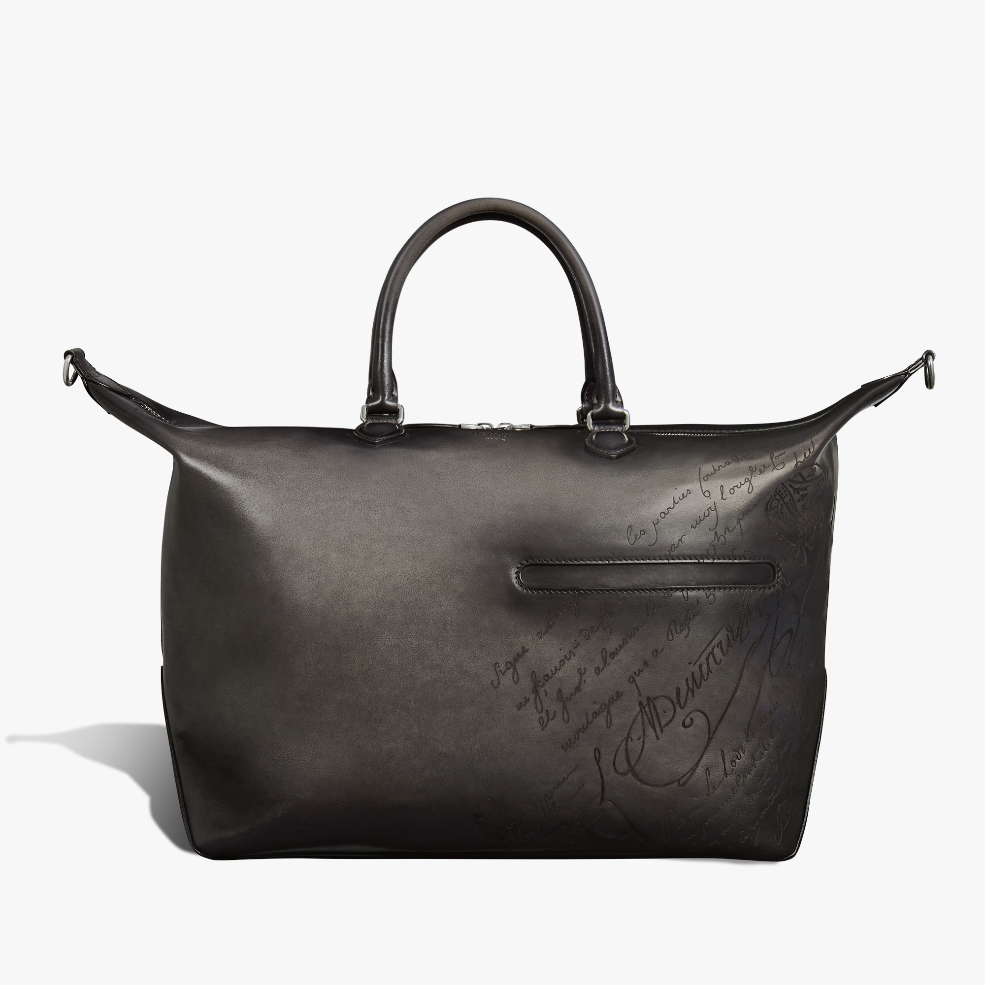 Toujours Soft Zipped Bag Scritto Leather Travel Bag, NERO GRIGIO, hi-res