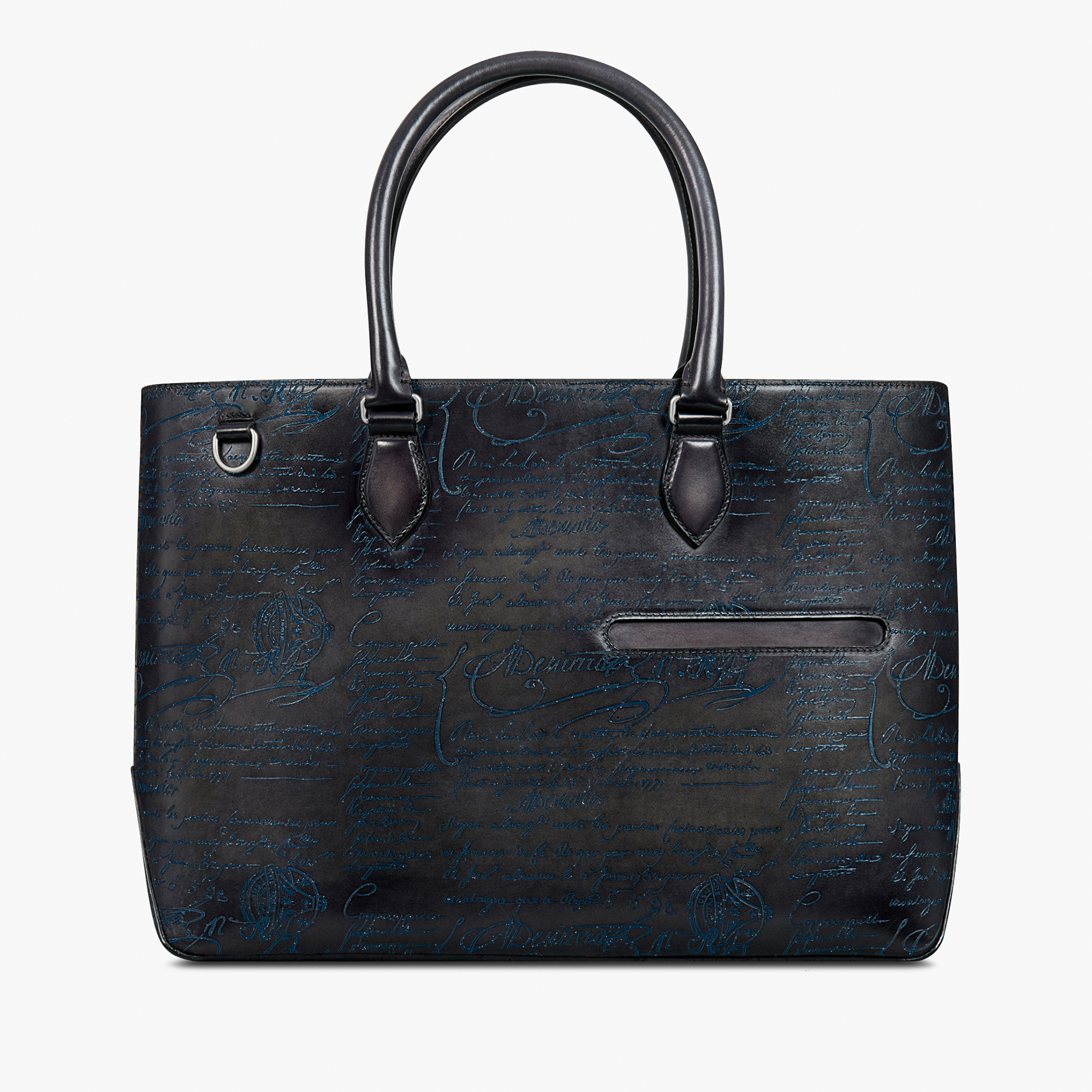 Toujours Scritto Leather Tote Bag, NERO GRIGIO + SAPHYR, hi-res