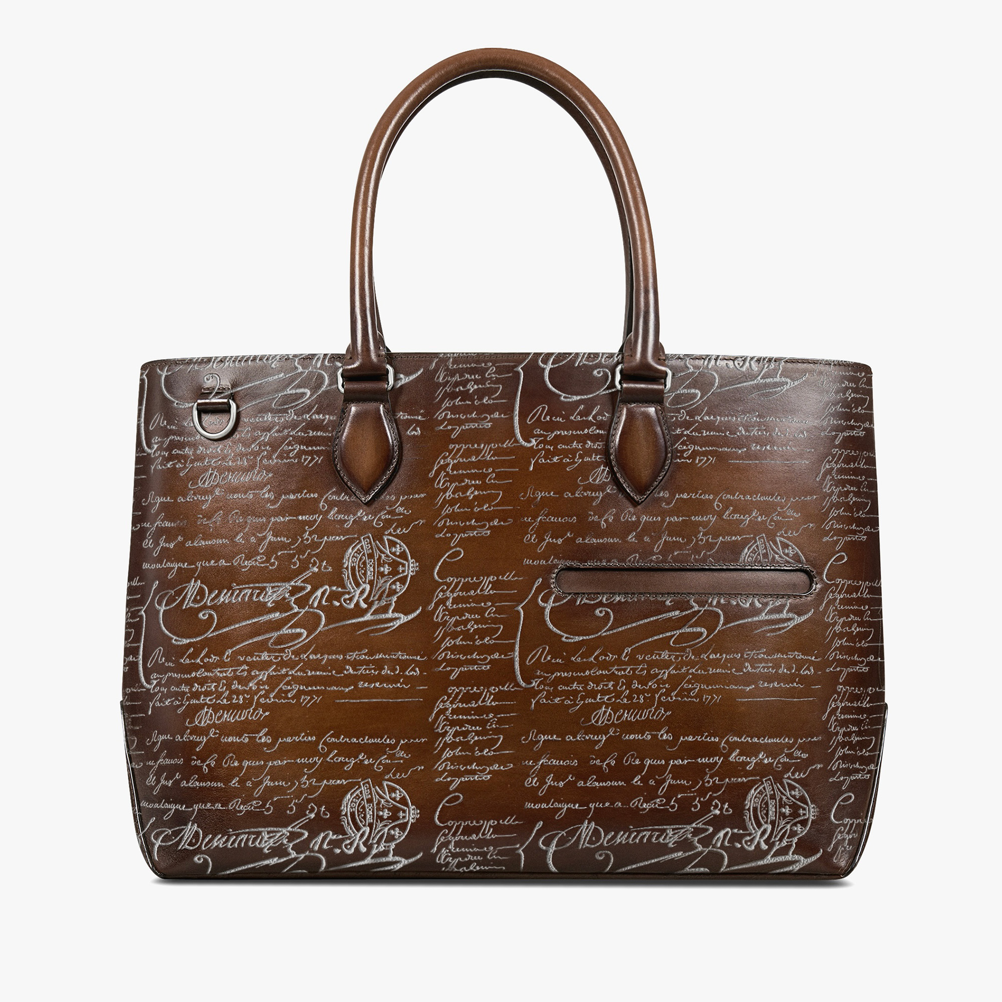 Toujours Scritto Leather Tote Bag, CACAO INTENSO + SILVER, hi-res