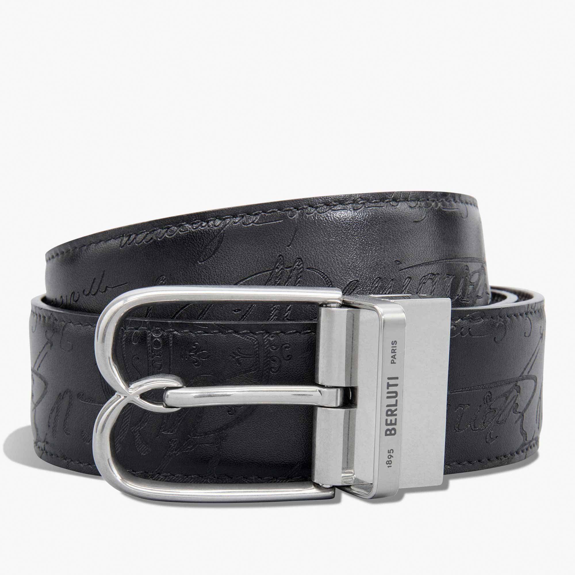 B Volute Scritto Leather 35 mm Reversible Belt, BRICK + NERO GRIGIO, hi-res