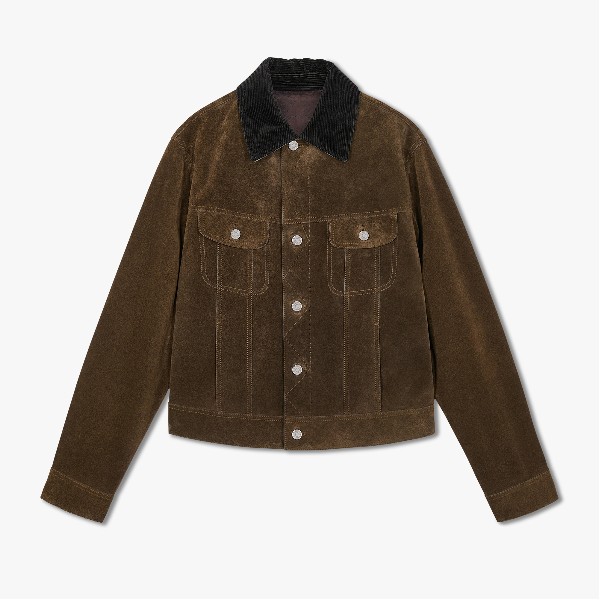 Suede Leather Denim Jacket With Corduroy Collar, WARM GREEN, hi-res