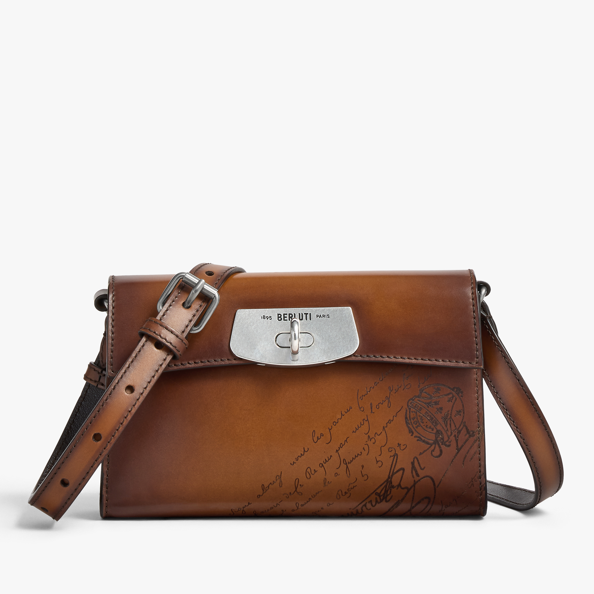 E'Mio Pouch On Strap In Scritto Leather, CACAO INTENSO, hi-res